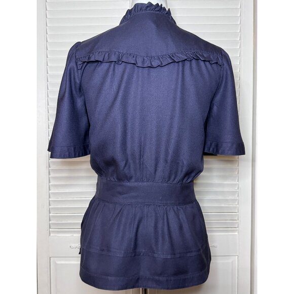 Marc Jacobs Womens Navy Silk Wrap Blouse Ruffle Trim Sz‎ 6 Office to Evening - Picture 2 of 14